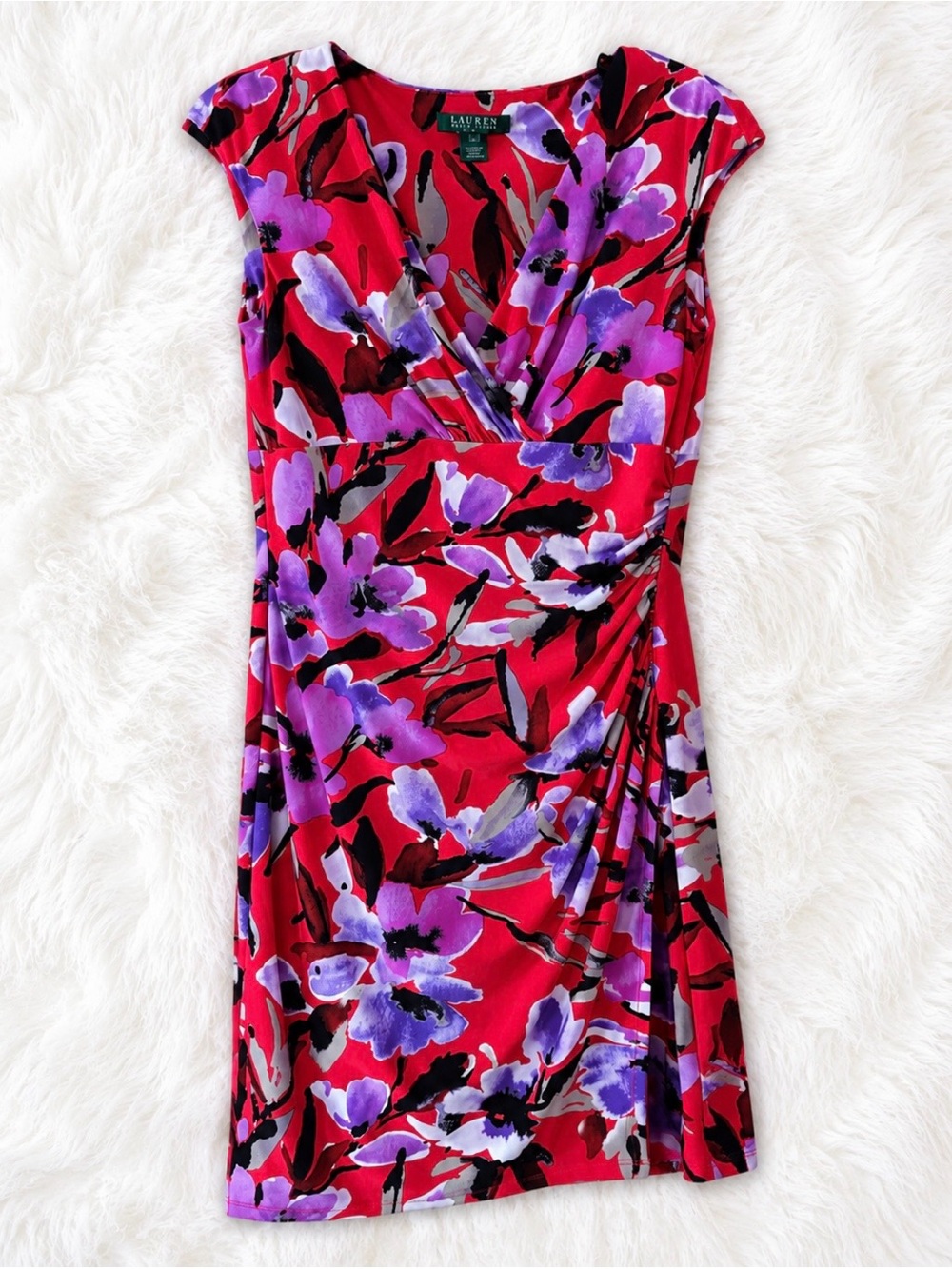 Lauren Ralph Lauren Women's Size 8 Red Purple Floral Faux Wrap Sheath Dress